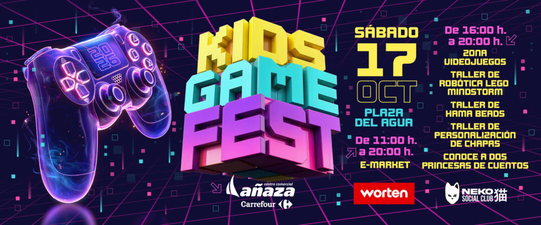 Centro Comercial Añaza Carrefour presenta el evento Kids Game Fest el diecisiete de octubre. Diversas actividades como videojuegos y robótica para disfrutar en familia.